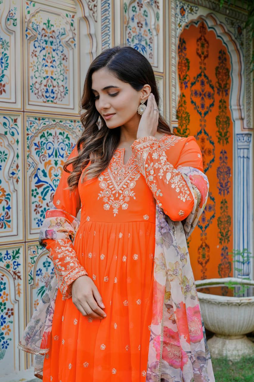 Womenline Elegant Bright Orange Embroidered Anarkali Suit Set with Floral Dupatta