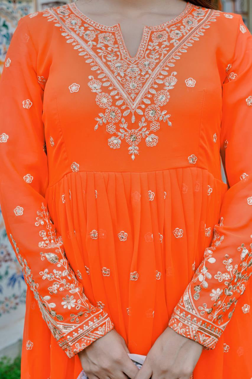 Womenline Elegant Bright Orange Embroidered Anarkali Suit Set with Floral Dupatta