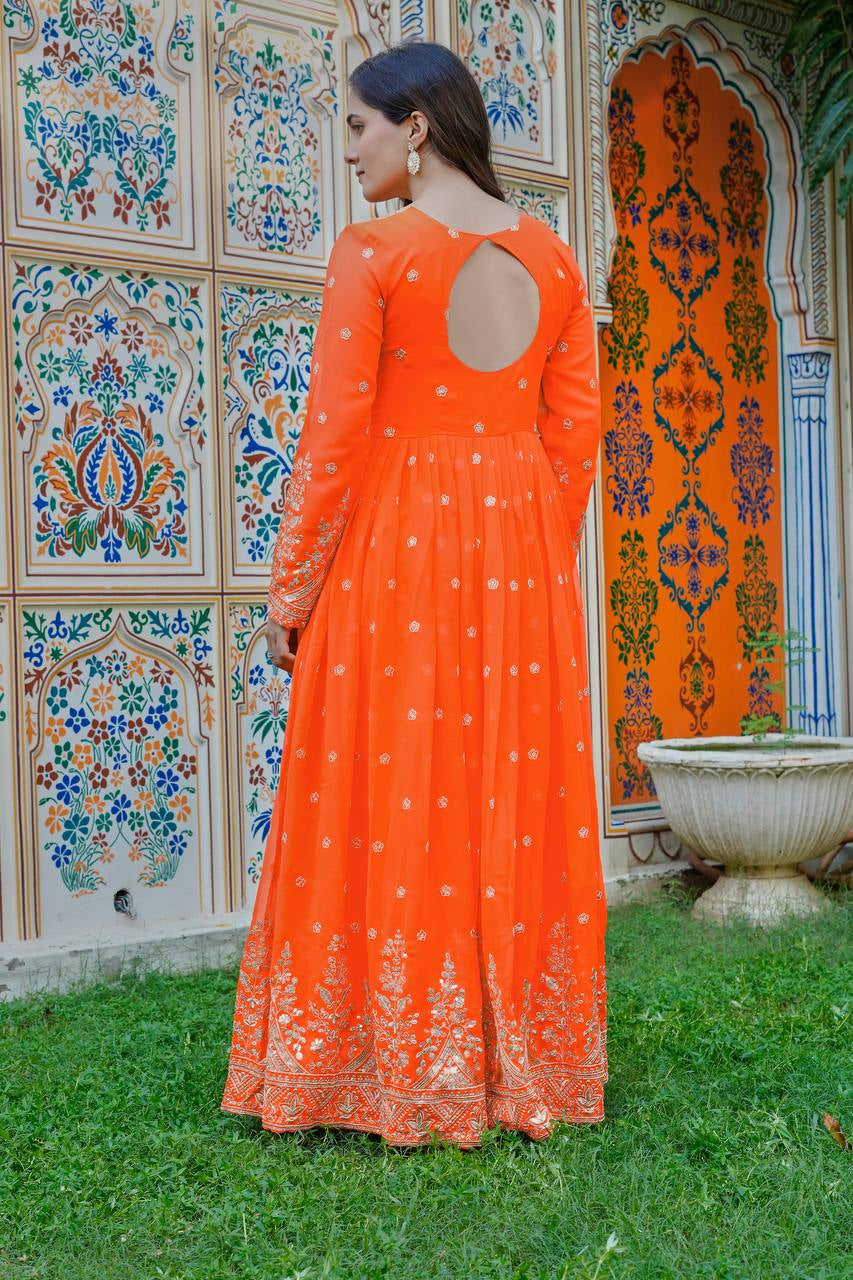 Womenline Elegant Bright Orange Embroidered Anarkali Suit Set with Floral Dupatta