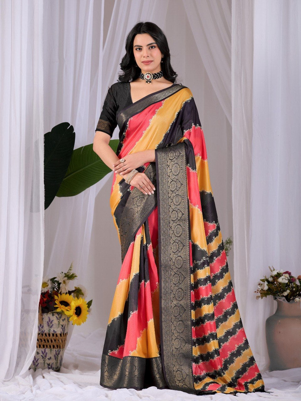 Womenline Mustard Yellow & Coral Pink Designer Silk Saree with Black Woven Border