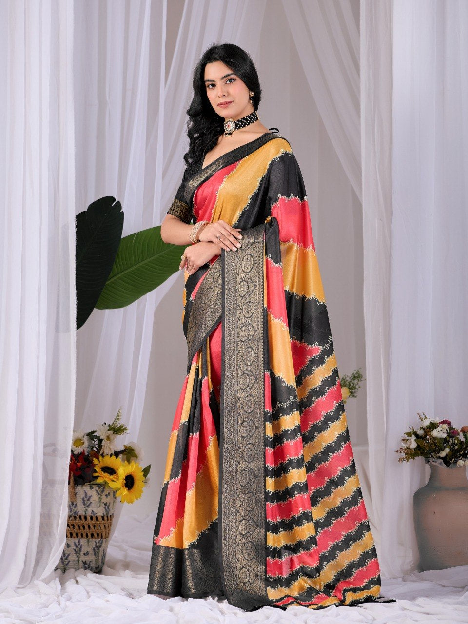 Womenline Mustard Yellow & Coral Pink Designer Silk Saree with Black Woven Border