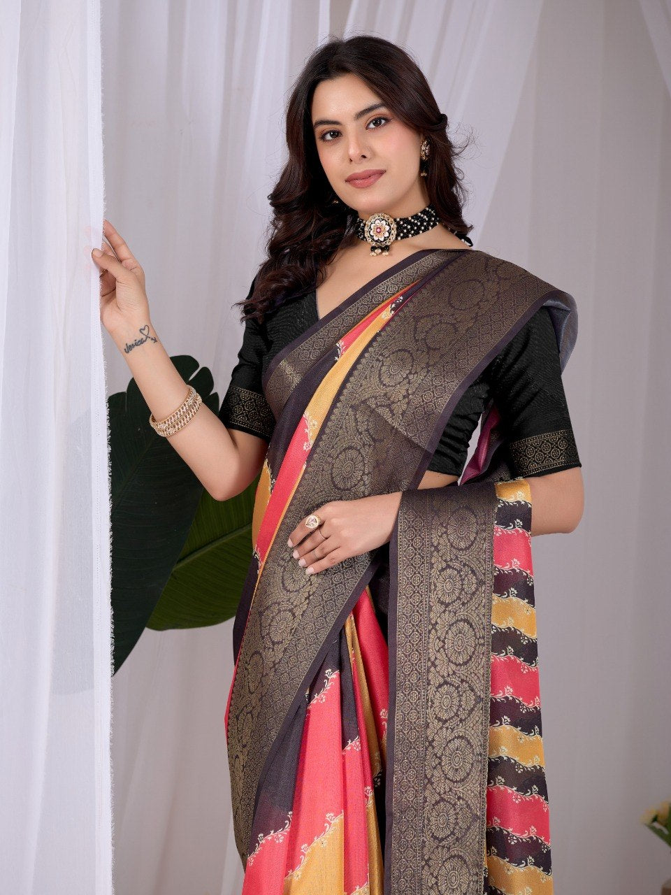 Womenline Mustard Yellow & Coral Pink Designer Silk Saree with Black Woven Border