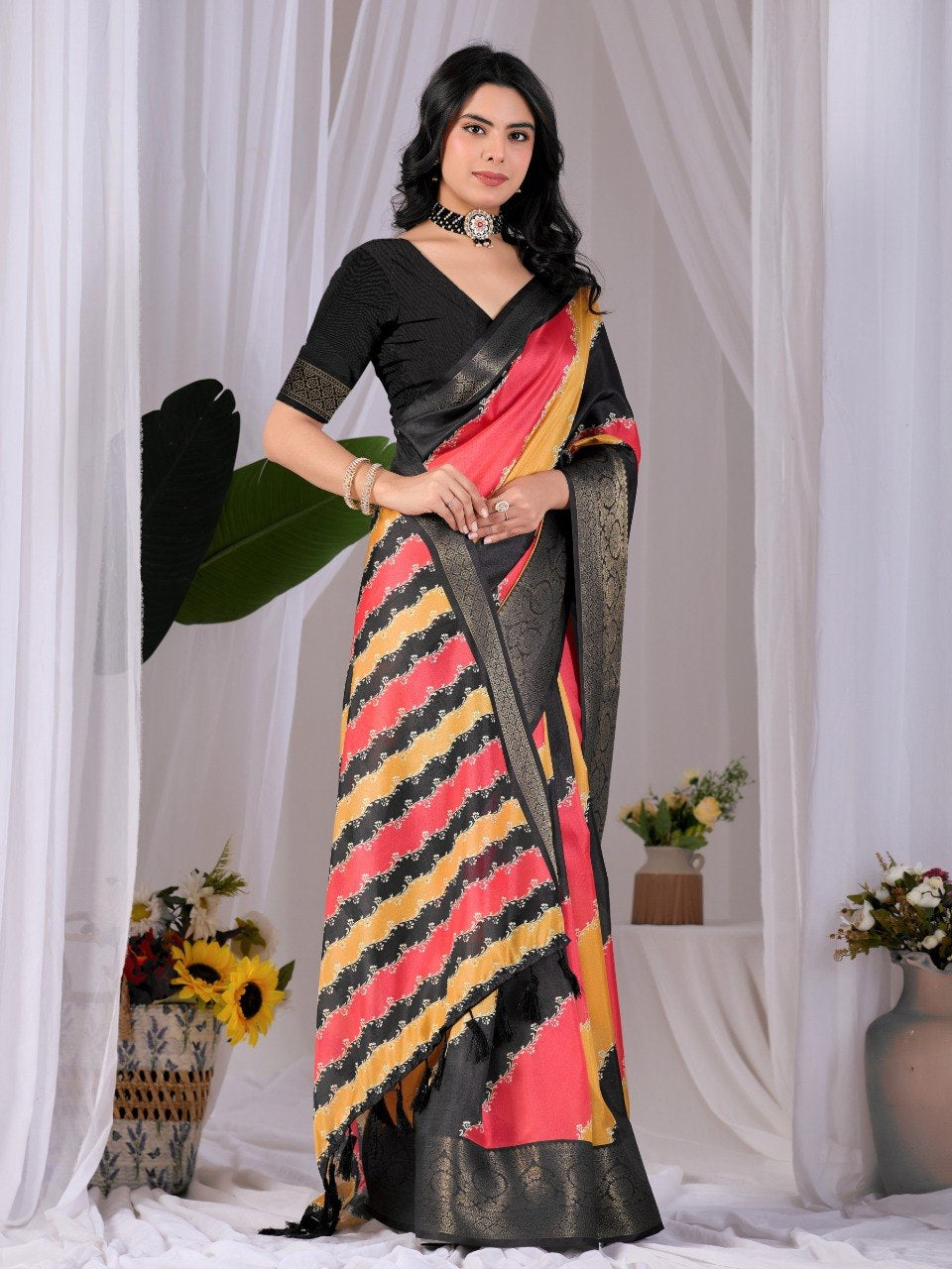 Womenline Mustard Yellow & Coral Pink Designer Silk Saree with Black Woven Border