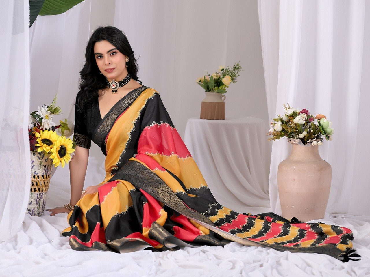 Womenline Mustard Yellow & Coral Pink Designer Silk Saree with Black Woven Border