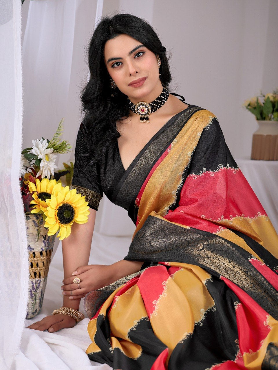 Womenline Mustard Yellow & Coral Pink Designer Silk Saree with Black Woven Border