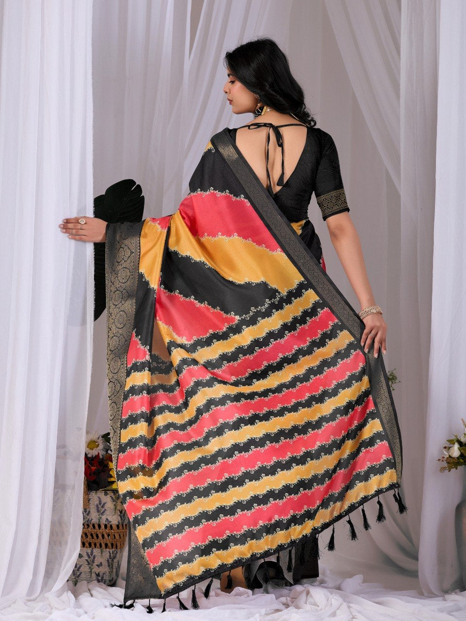 Womenline Mustard Yellow & Coral Pink Designer Silk Saree with Black Woven Border