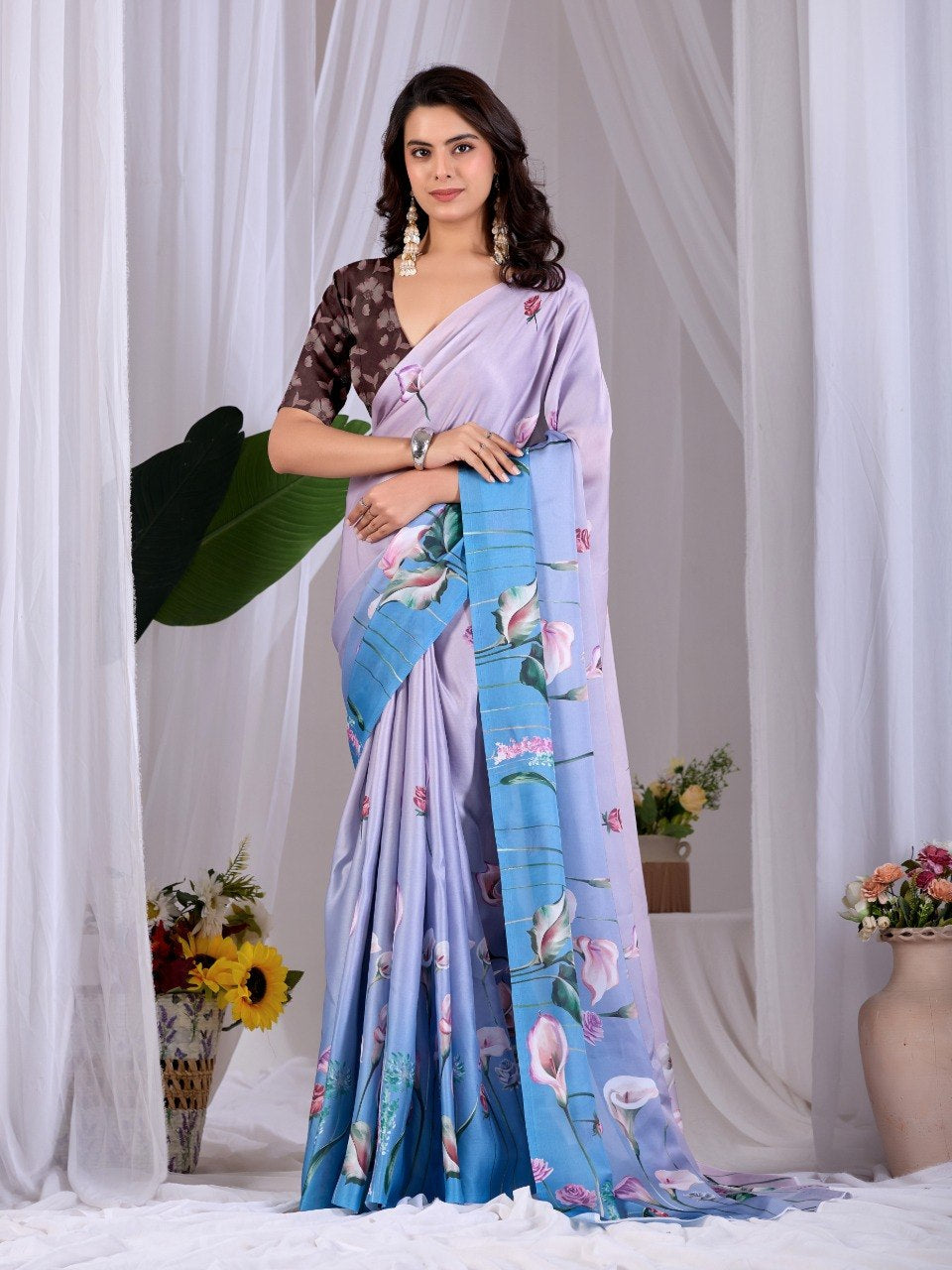 Womenline Lavender Blue Floral Printed Satin Silk Saree with Designer Blouse