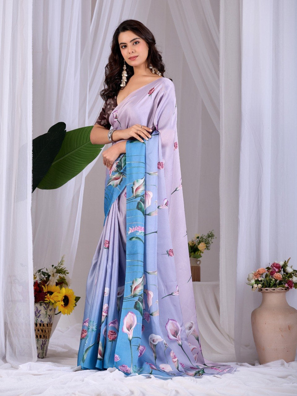 Womenline Lavender Blue Floral Printed Satin Silk Saree with Designer Blouse