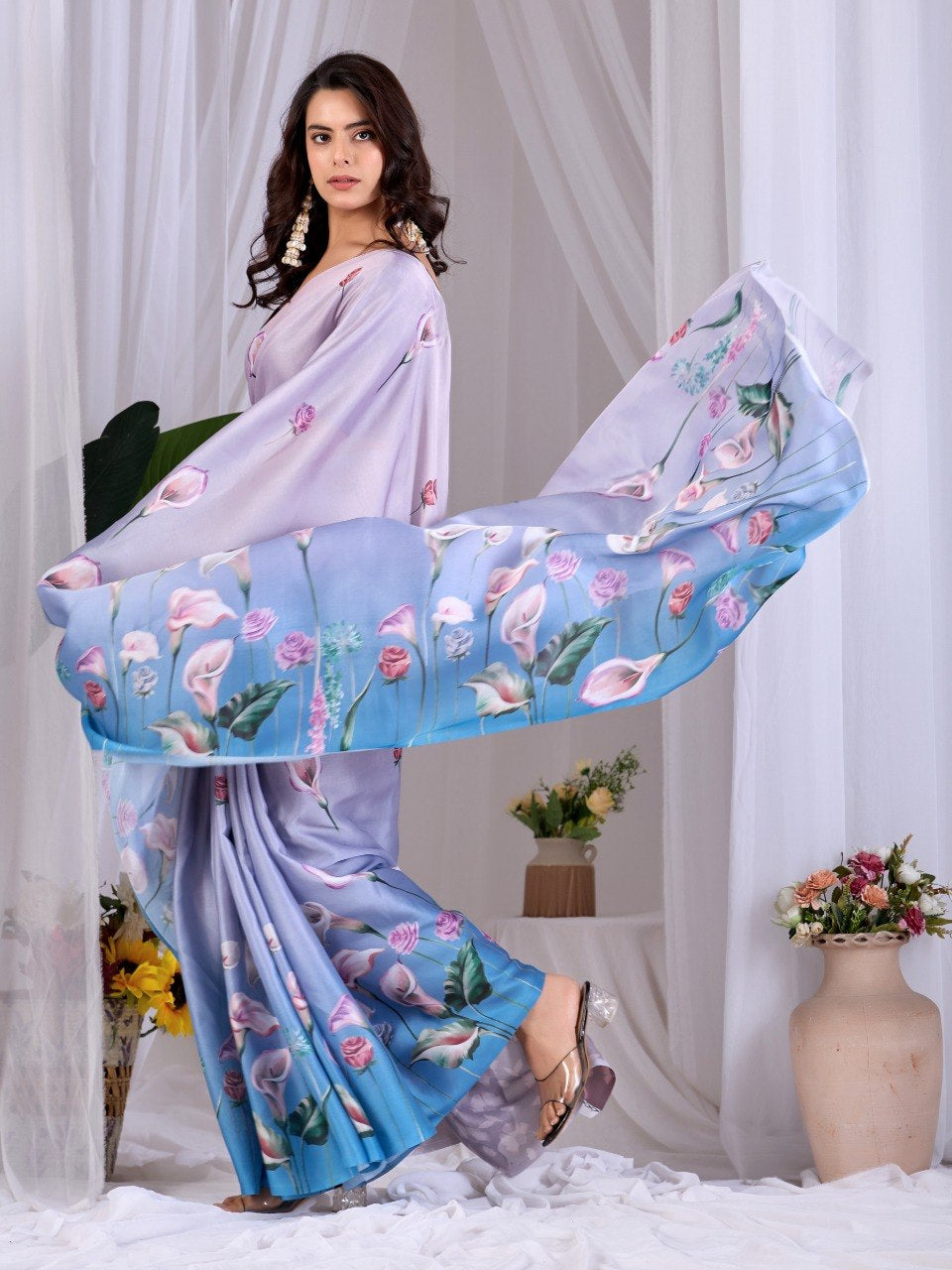 Womenline Lavender Blue Floral Printed Satin Silk Saree with Designer Blouse