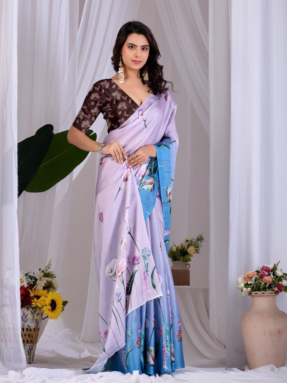 Womenline Lavender Blue Floral Printed Satin Silk Saree with Designer Blouse