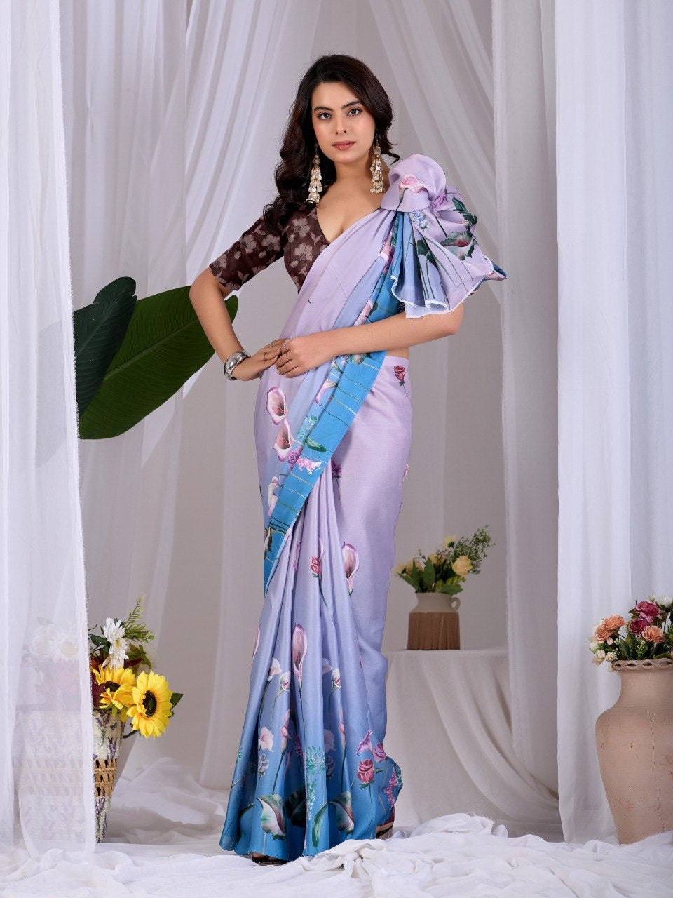 Womenline Lavender Blue Floral Printed Satin Silk Saree with Designer Blouse