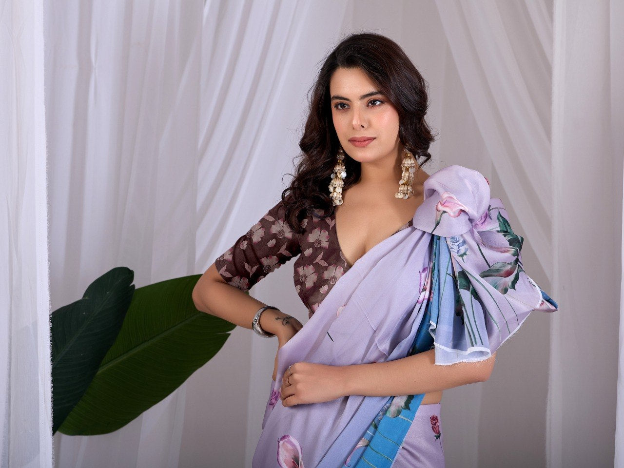 Womenline Lavender Blue Floral Printed Satin Silk Saree with Designer Blouse
