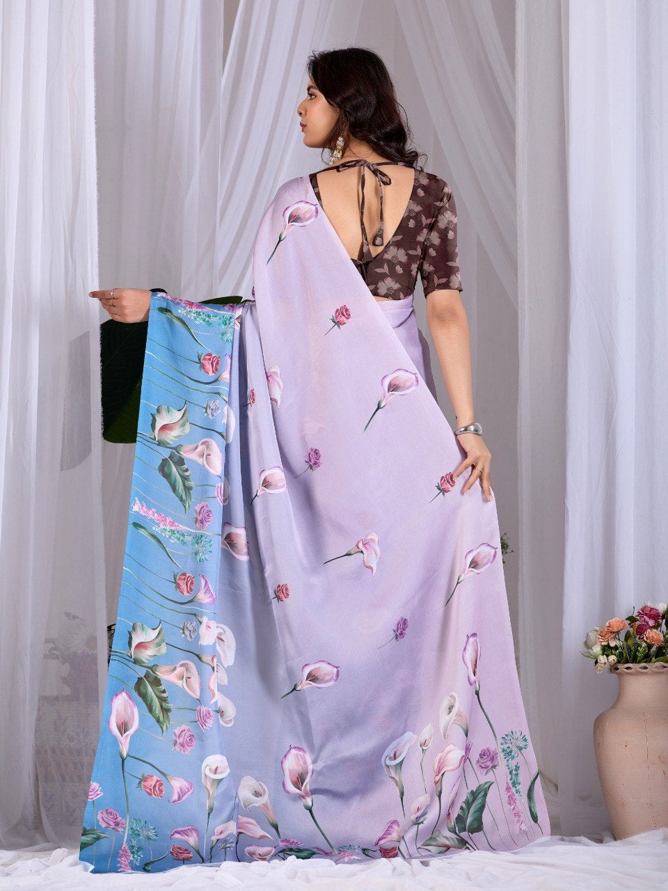 Womenline Lavender Blue Floral Printed Satin Silk Saree with Designer Blouse