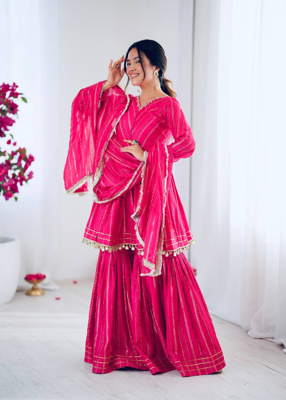 Womenline Hot Pink Stripe Peplum Sharara Suit Set with Lurex Dupatta