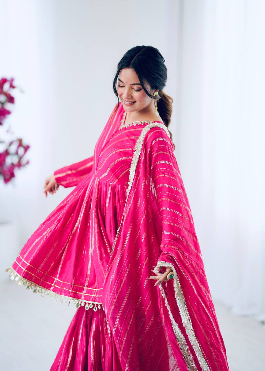 Womenline Hot Pink Stripe Peplum Sharara Suit Set with Lurex Dupatta