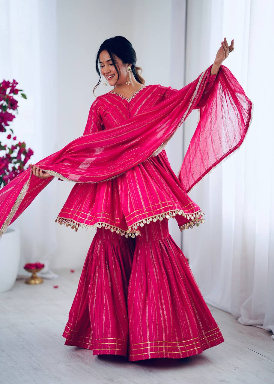 Womenline Hot Pink Stripe Peplum Sharara Suit Set with Lurex Dupatta