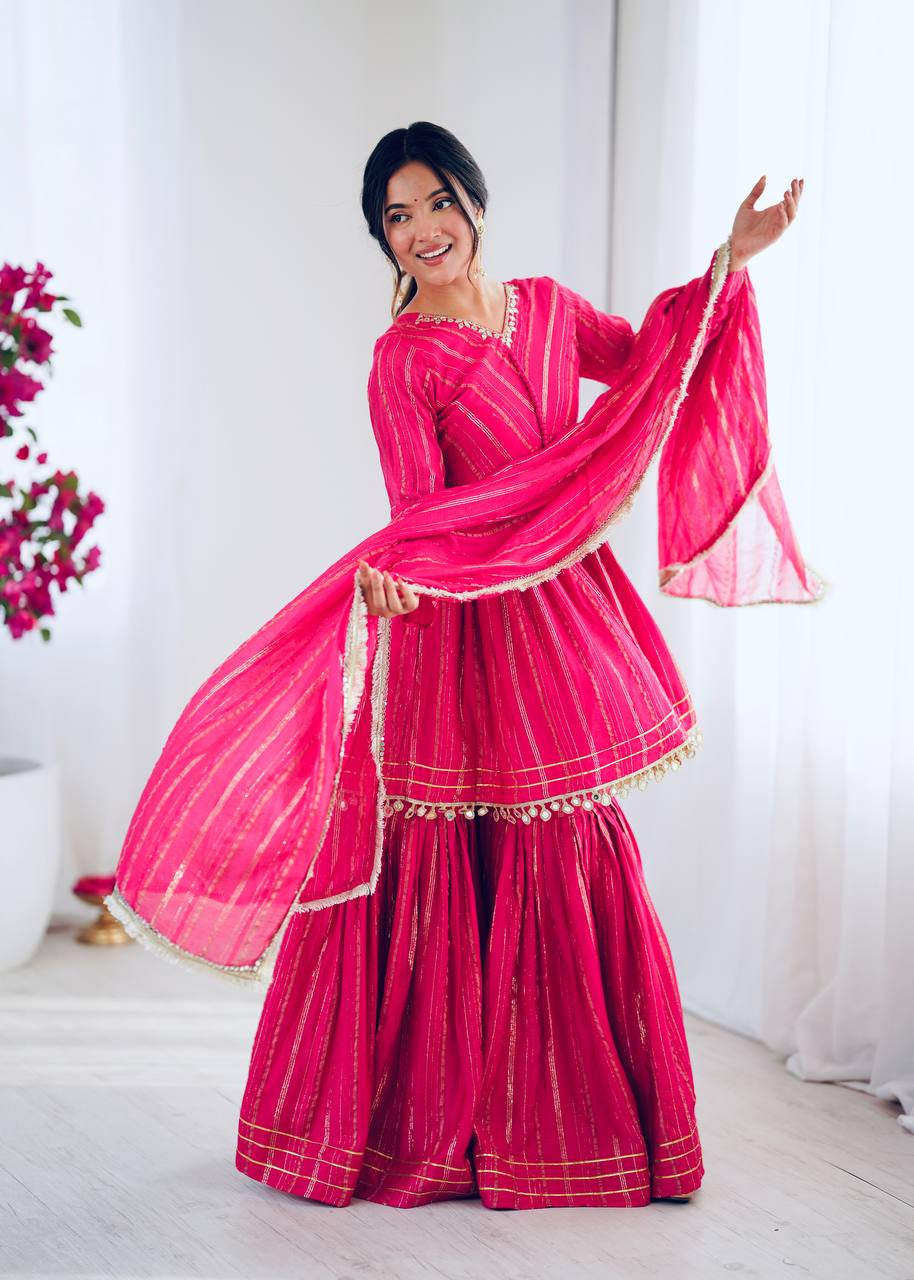 Womenline Hot Pink Stripe Peplum Sharara Suit Set with Lurex Dupatta