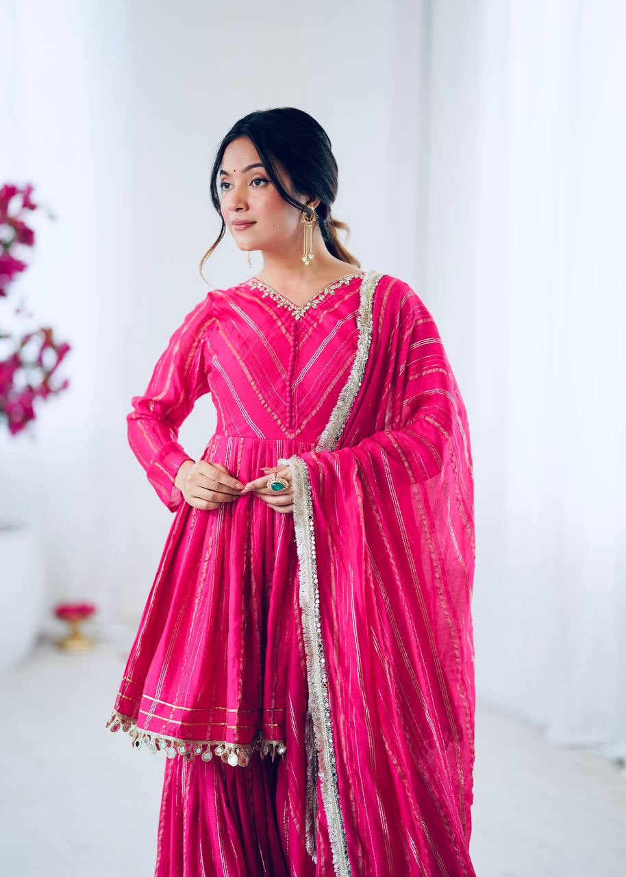 Womenline Hot Pink Stripe Peplum Sharara Suit Set with Lurex Dupatta