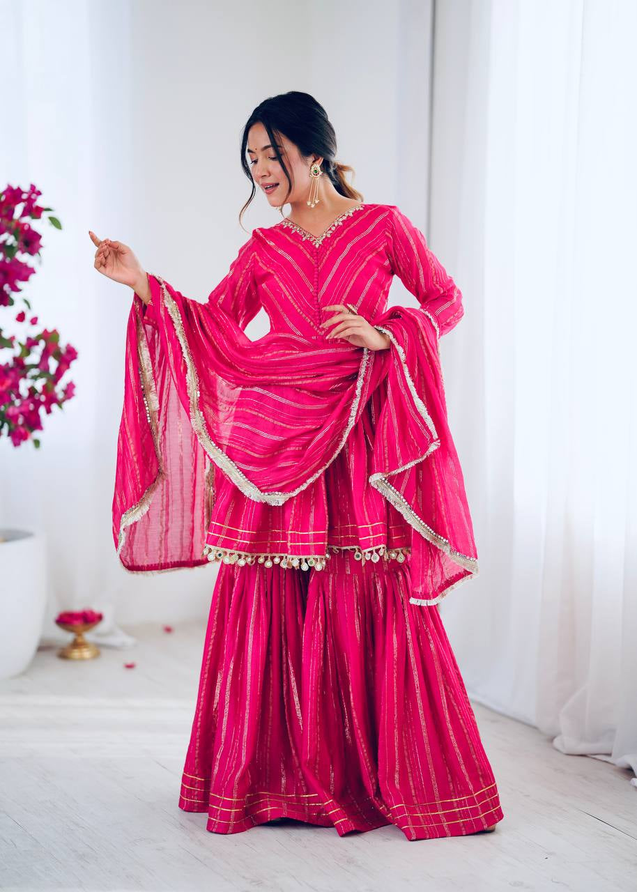 Womenline Hot Pink Stripe Peplum Sharara Suit Set with Lurex Dupatta