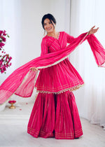 Womenline Hot Pink Stripe Peplum Sharara Suit Set with Lurex Dupatta