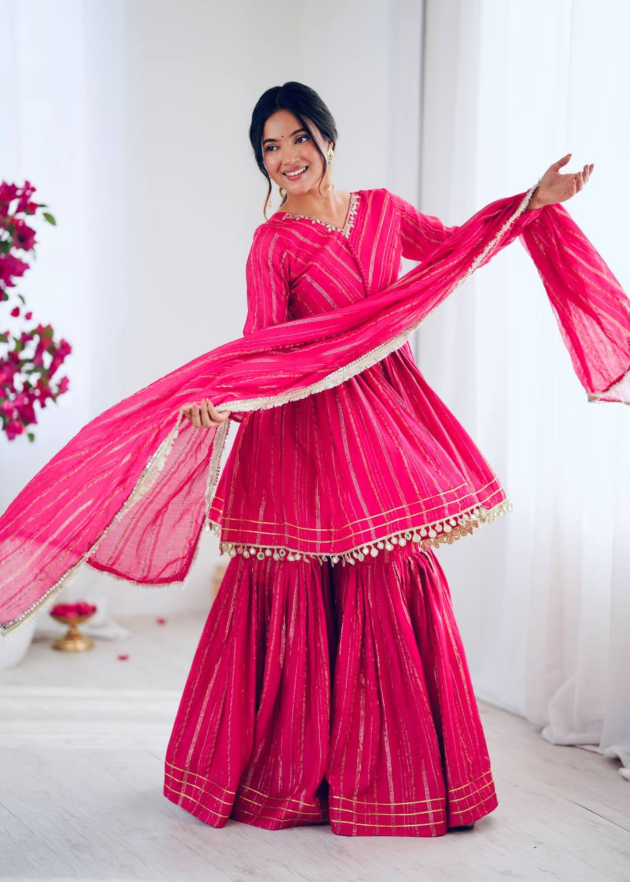 Womenline Hot Pink Stripe Peplum Sharara Suit Set with Lurex Dupatta