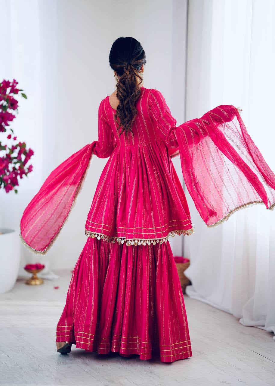 Womenline Hot Pink Stripe Peplum Sharara Suit Set with Lurex Dupatta