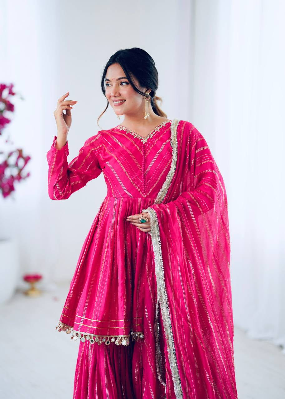 Womenline Hot Pink Stripe Peplum Sharara Suit Set with Lurex Dupatta