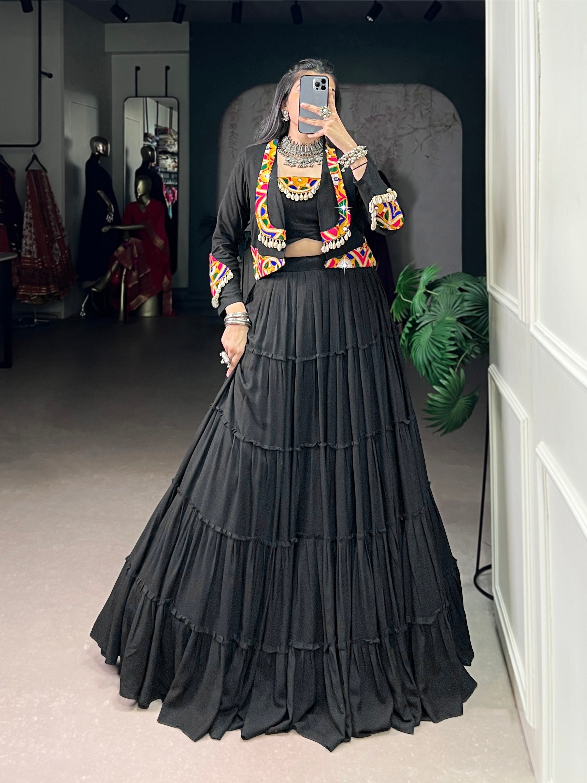 Womenline Black Navratri Lehenga Choli with Kutchi Mirror Work Jacket