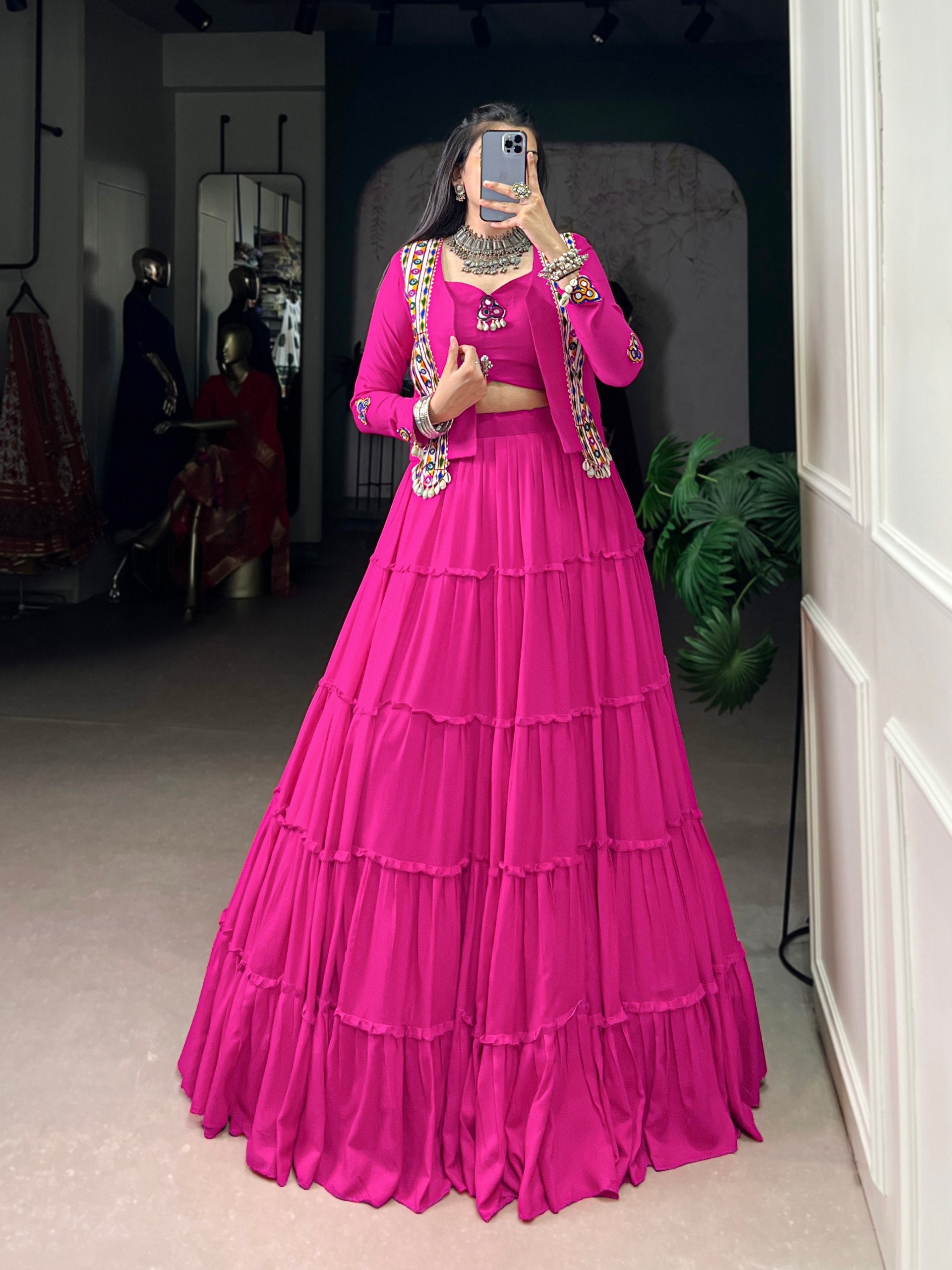 Womenline Rani Pink Navratri Lehenga Choli with Kutchi Mirror Work Jacket