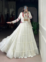 Womenline White Navratri Lehenga Choli with Kutchi Mirror Work Jacket