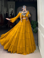 Womenlien Mustard Yellow Navratri Lehenga Choli with Kutchi Mirror Work Jacket