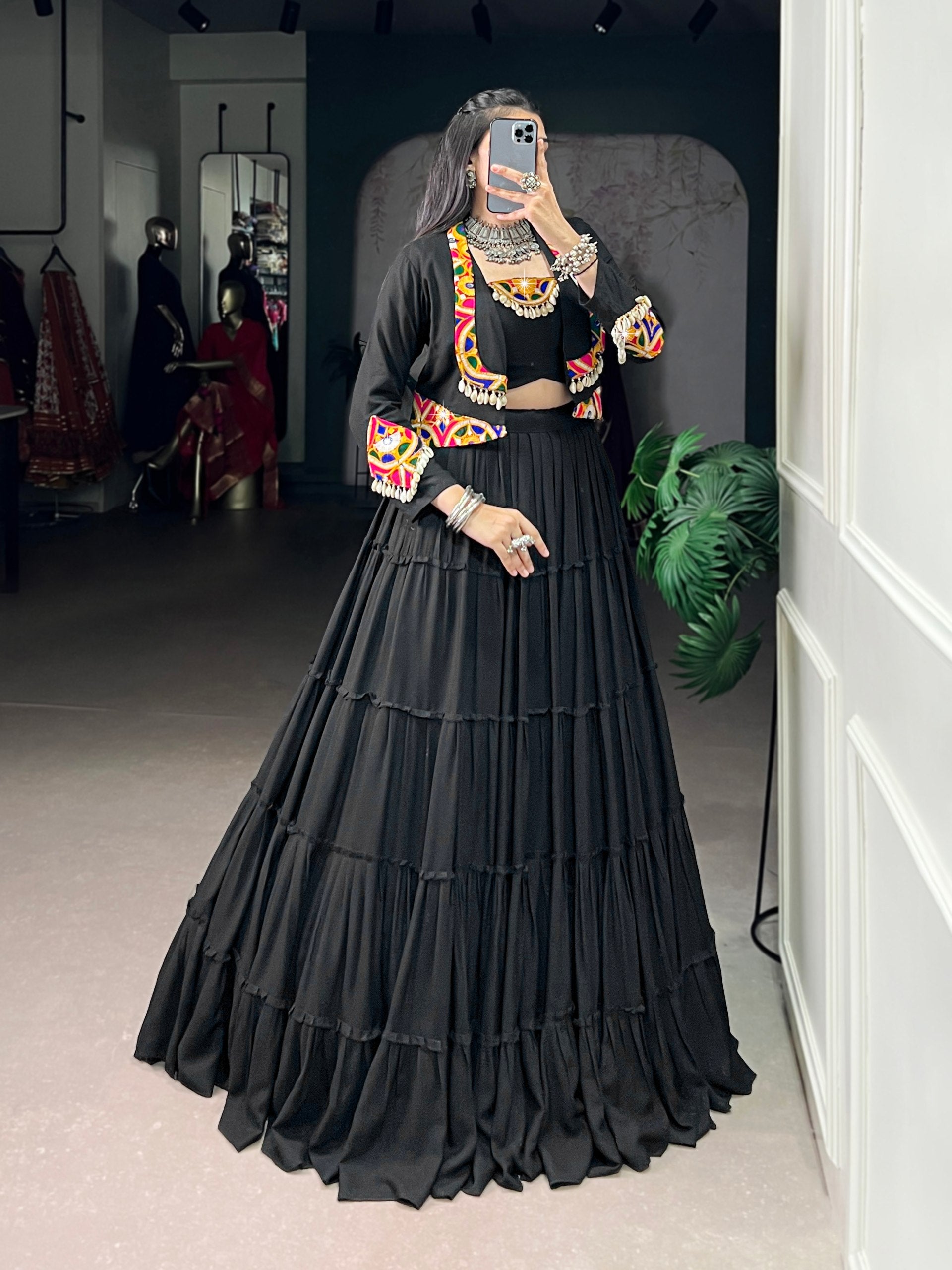 Womenline Black Navratri Lehenga Choli with Kutchi Mirror Work Jacket