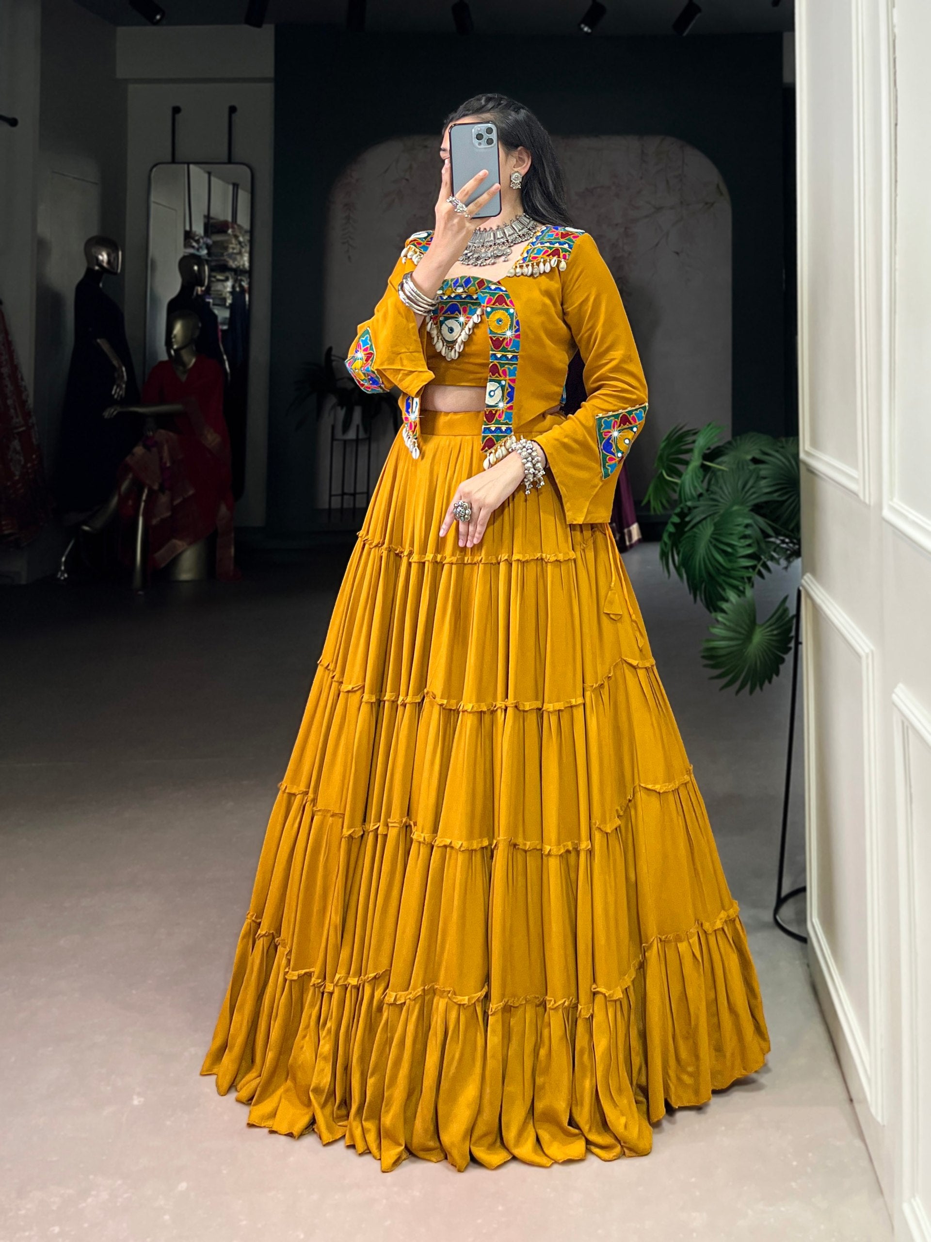 Womenlien Mustard Yellow Navratri Lehenga Choli with Kutchi Mirror Work Jacket