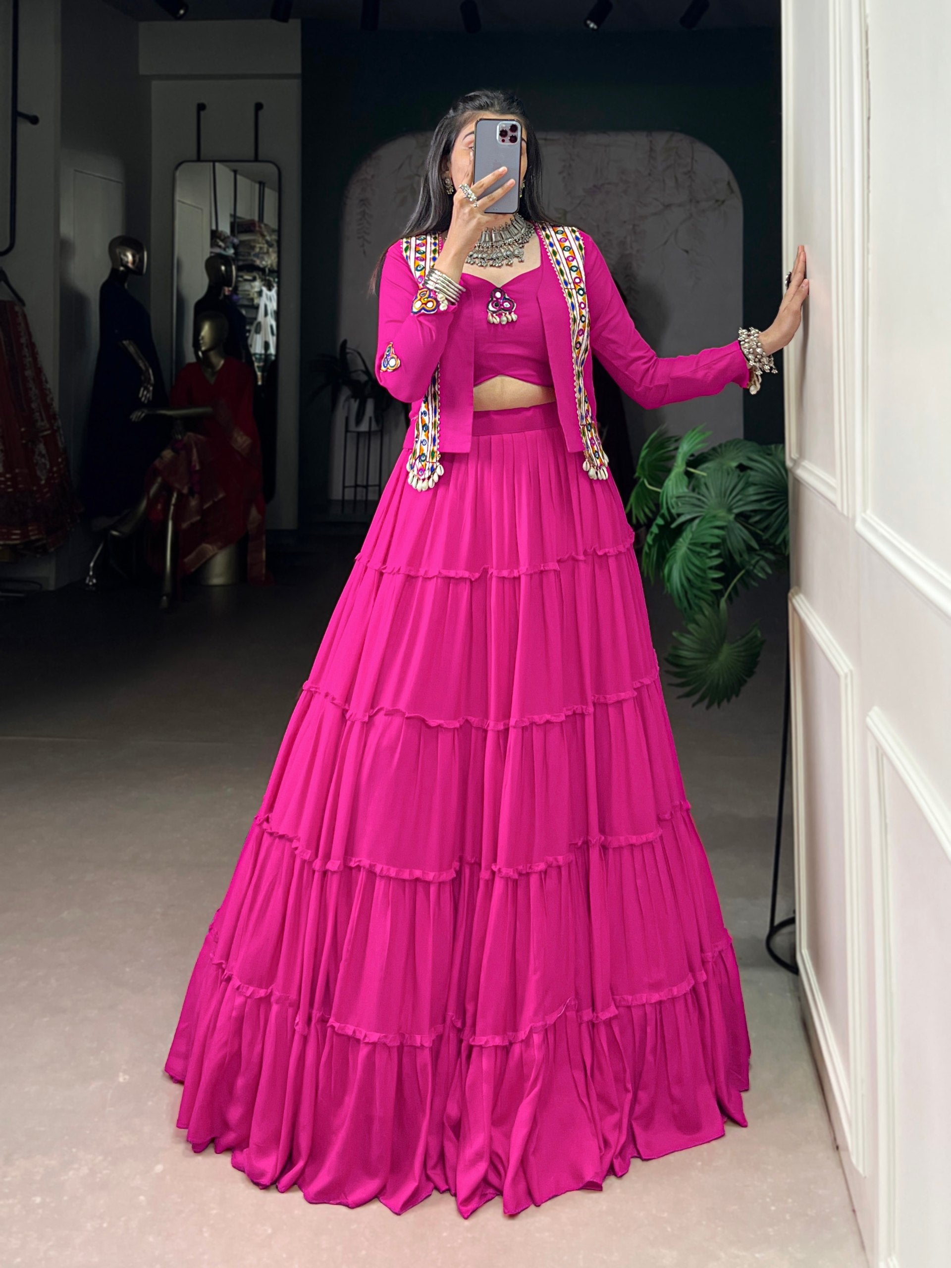 Womenline Rani Pink Navratri Lehenga Choli with Kutchi Mirror Work Jacket