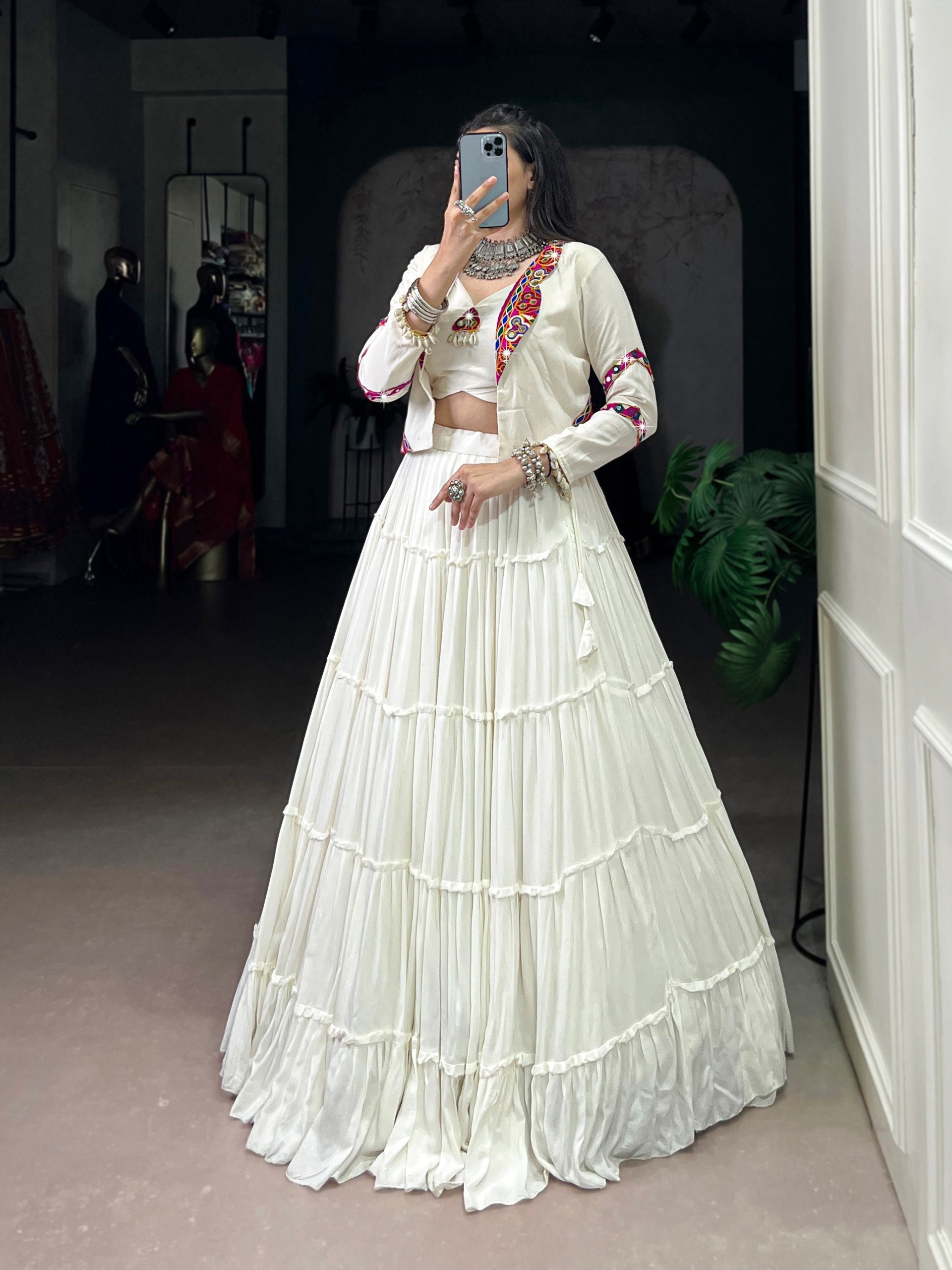 Womenline White Navratri Lehenga Choli with Kutchi Mirror Work Jacket