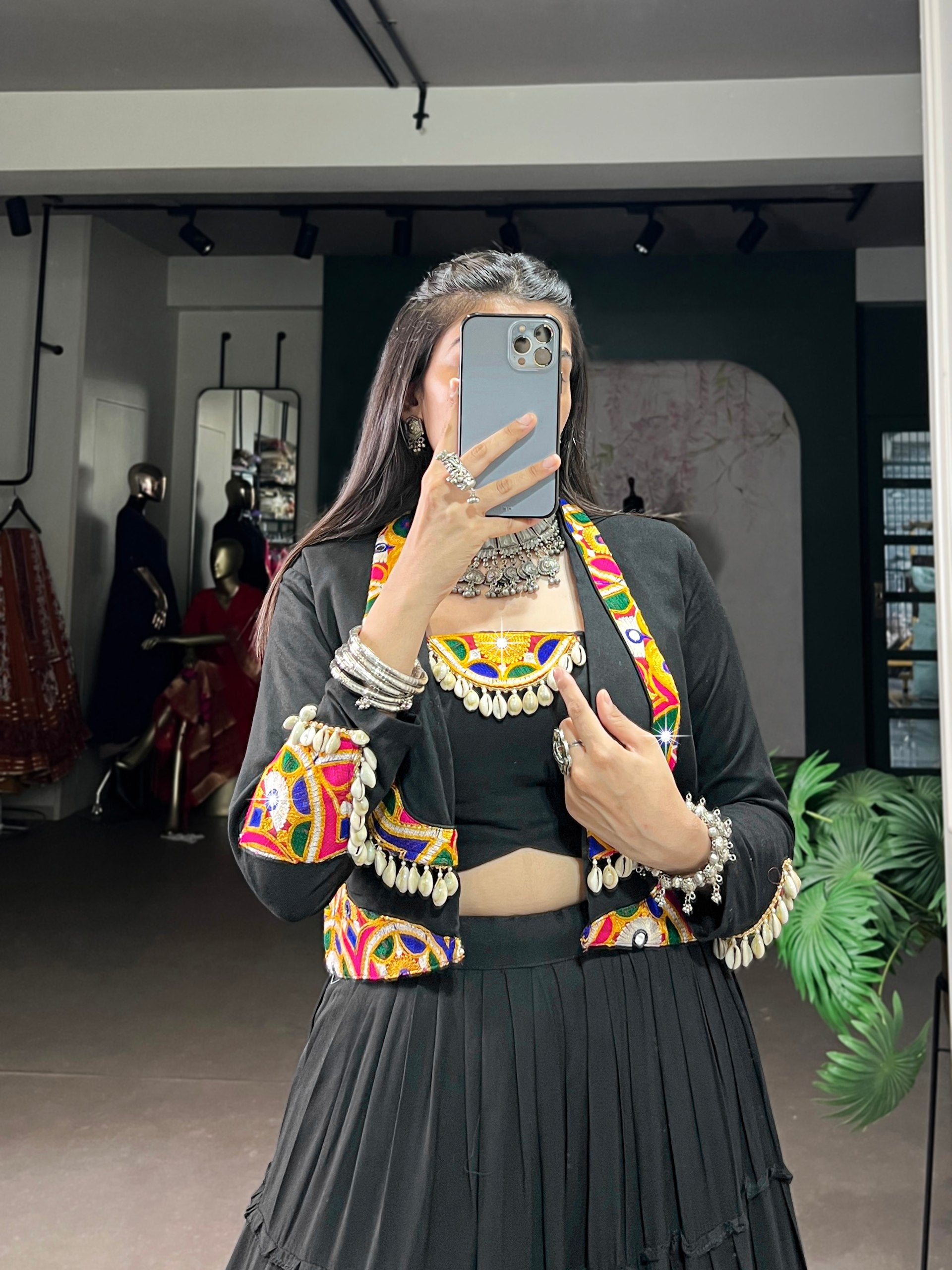 Womenline Black Navratri Lehenga Choli with Kutchi Mirror Work Jacket