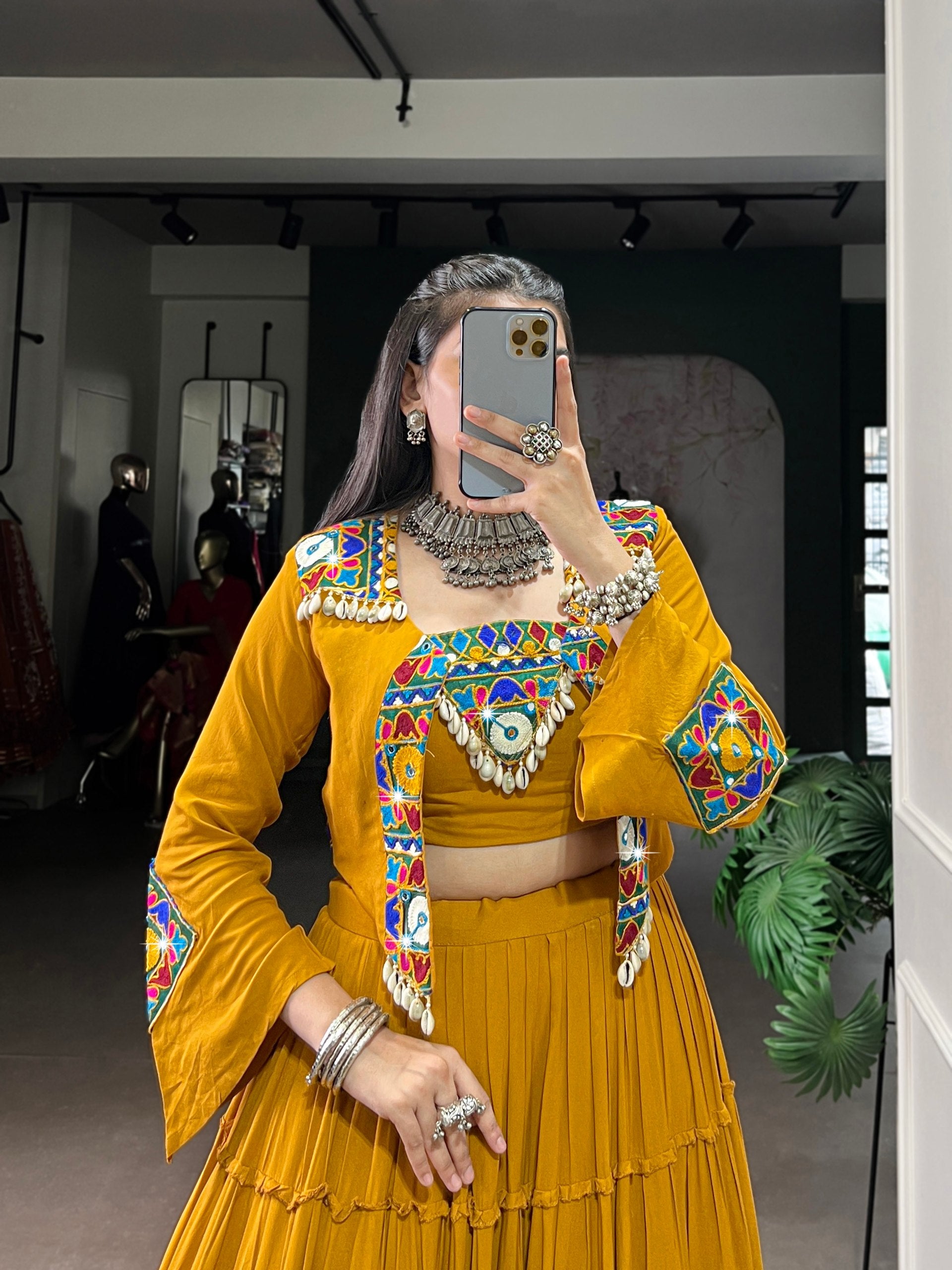 Womenlien Mustard Yellow Navratri Lehenga Choli with Kutchi Mirror Work Jacket