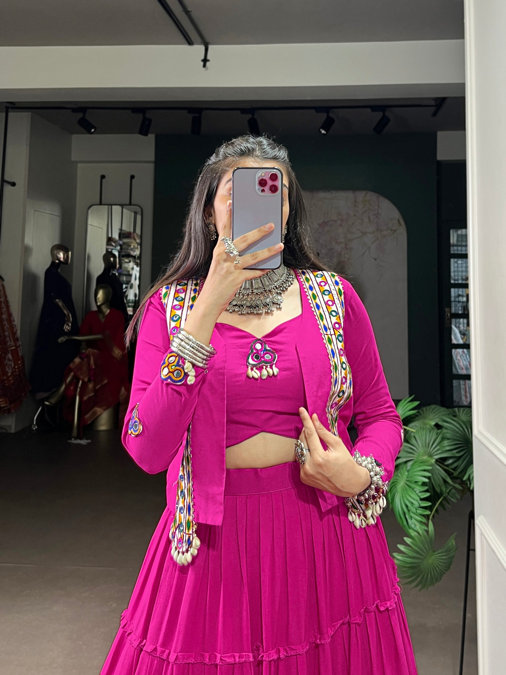 Womenline Rani Pink Navratri Lehenga Choli with Kutchi Mirror Work Jacket