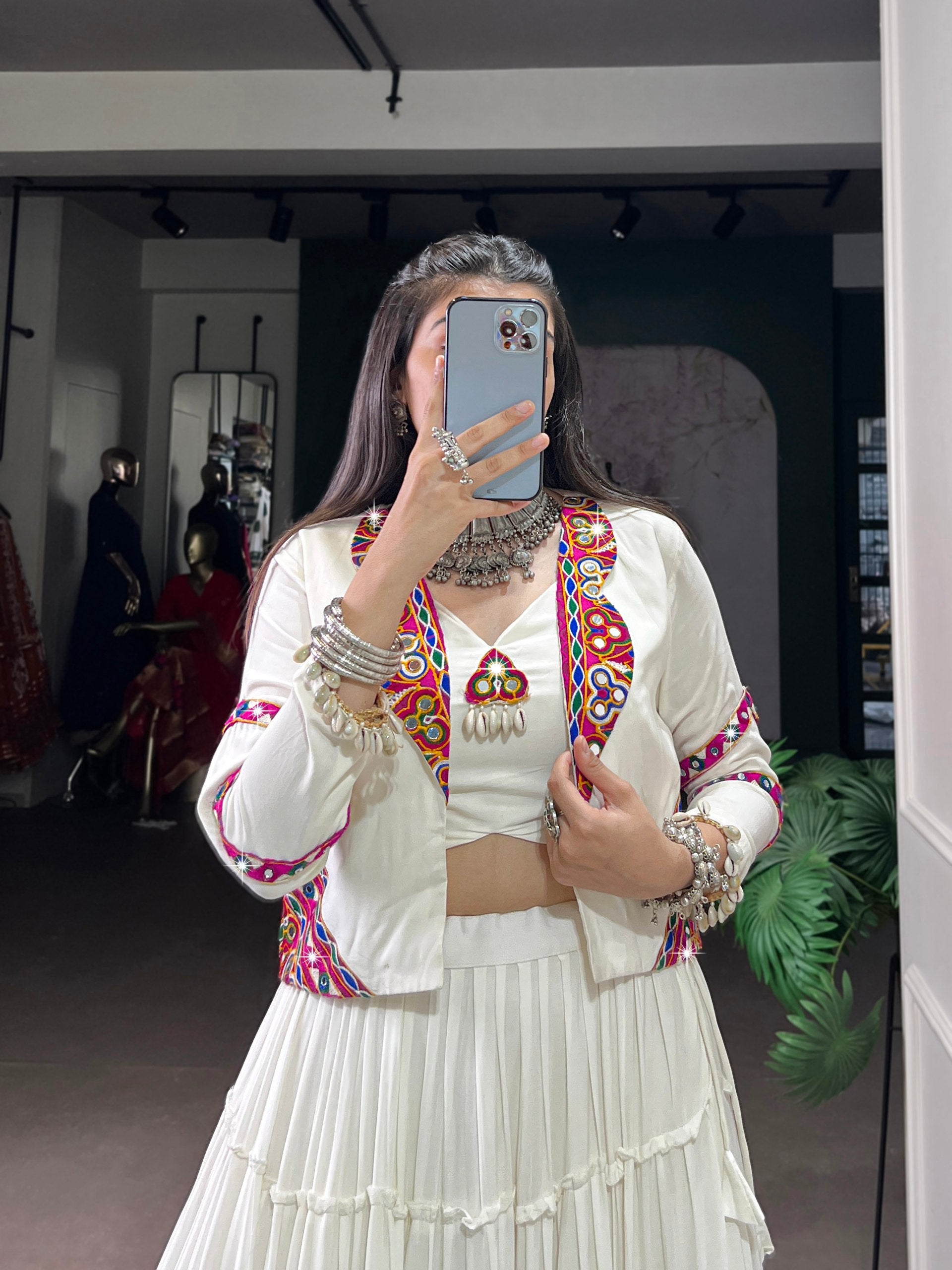 Womenline White Navratri Lehenga Choli with Kutchi Mirror Work Jacket