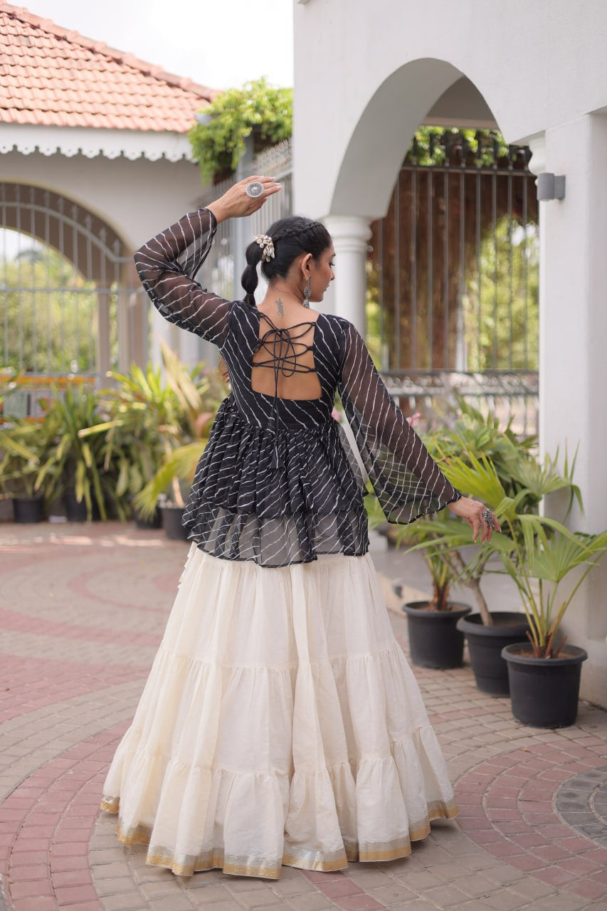 Womenline Black Embroidered Peplum Top with White Tiered Navratri Lehenga