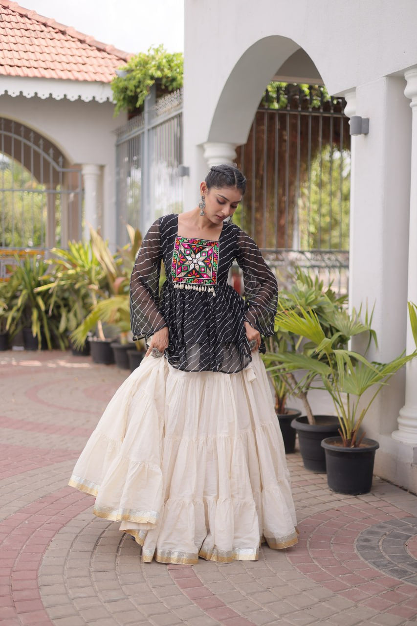 Womenline Black Embroidered Peplum Top with White Tiered Navratri Lehenga