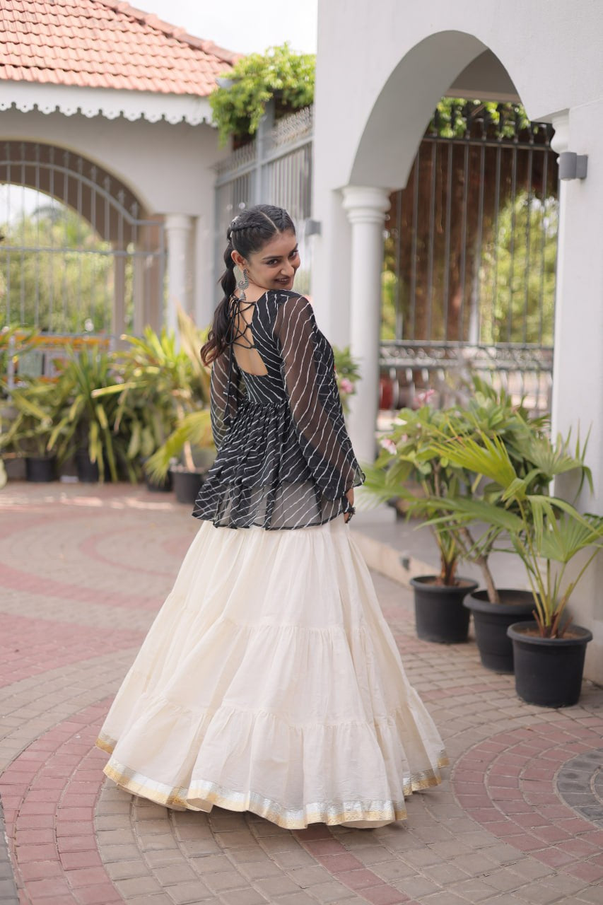 Womenline Black Embroidered Peplum Top with White Tiered Navratri Lehenga