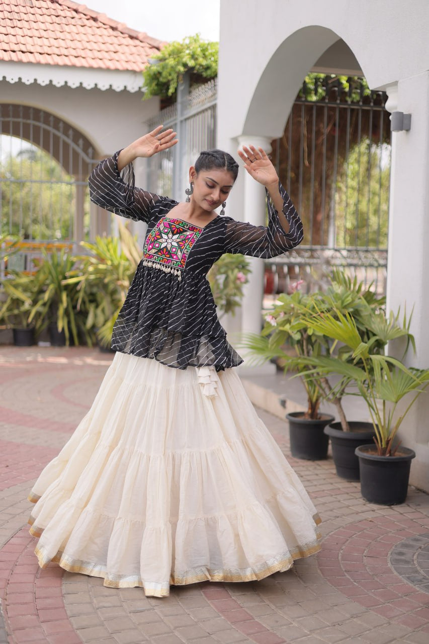 Womenline Black Embroidered Peplum Top with White Tiered Navratri Lehenga