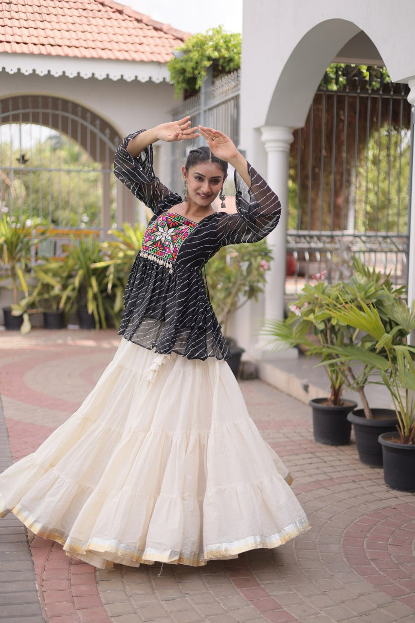 Womenline Black Embroidered Peplum Top with White Tiered Navratri Lehenga