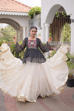 Womenline Black Embroidered Peplum Top with White Tiered Navratri Lehenga