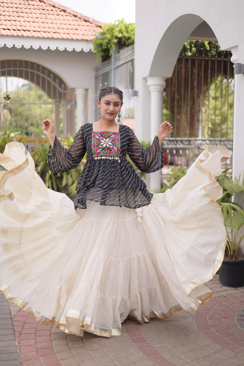 Womenline Black Embroidered Peplum Top with White Tiered Navratri Lehenga