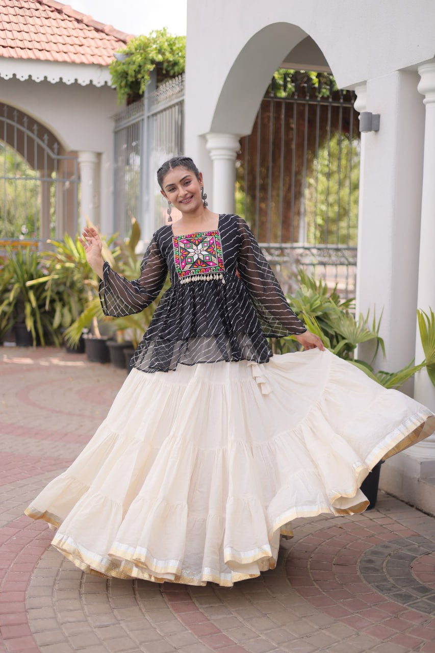 Womenline Black Embroidered Peplum Top with White Tiered Navratri Lehenga