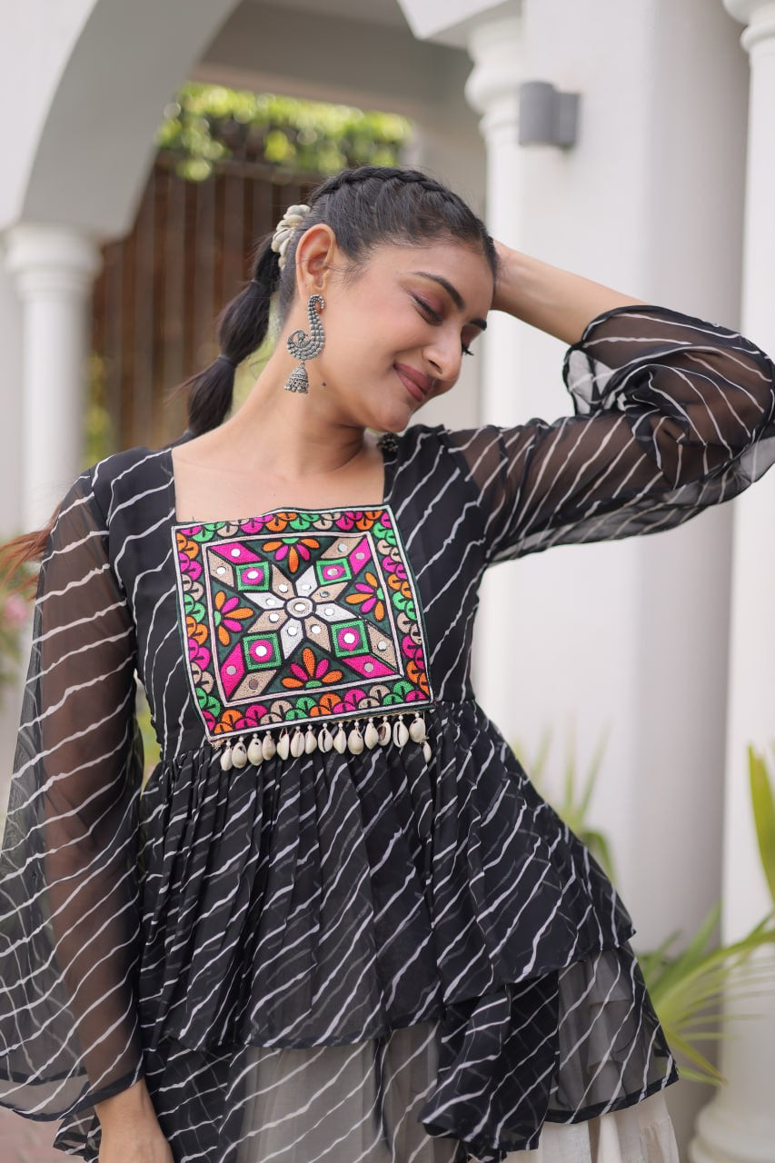 Womenline Black Embroidered Peplum Top with White Tiered Navratri Lehenga