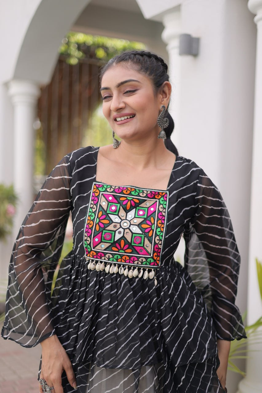 Womenline Black Embroidered Peplum Top with White Tiered Navratri Lehenga