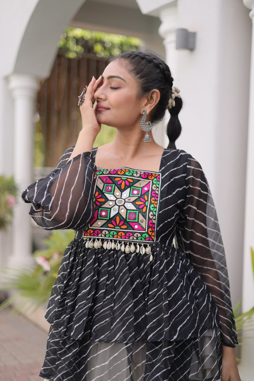 Womenline Black Embroidered Peplum Top with White Tiered Navratri Lehenga